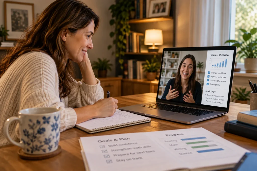 Parent discussing student progress with a tutor online