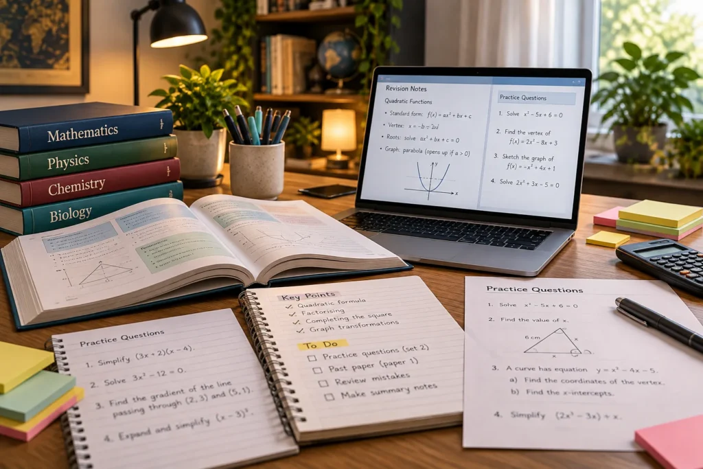Revision notes, worksheets and learning resources arranged on a study desk