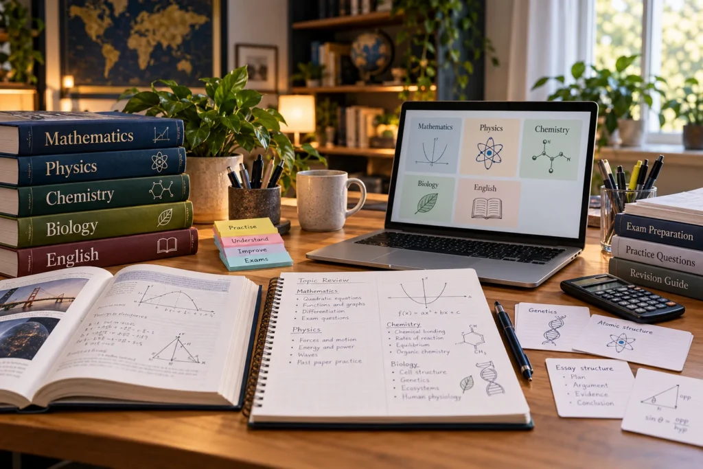 A multi-subject study environment showing mathematics, sciences and English